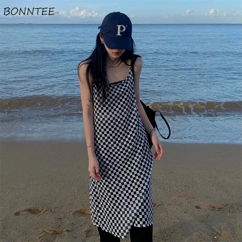 

Sleeveless Dress Women Plaid Beach Female Summer All-match Design Simple Harajuku Leisure Vintage Aesthetic Tender Ulzzang Ins