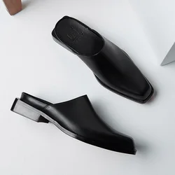 Trendy Men's Square Toe Summer Slippers Shoes Full Grain Leather Slides Businessman Mules