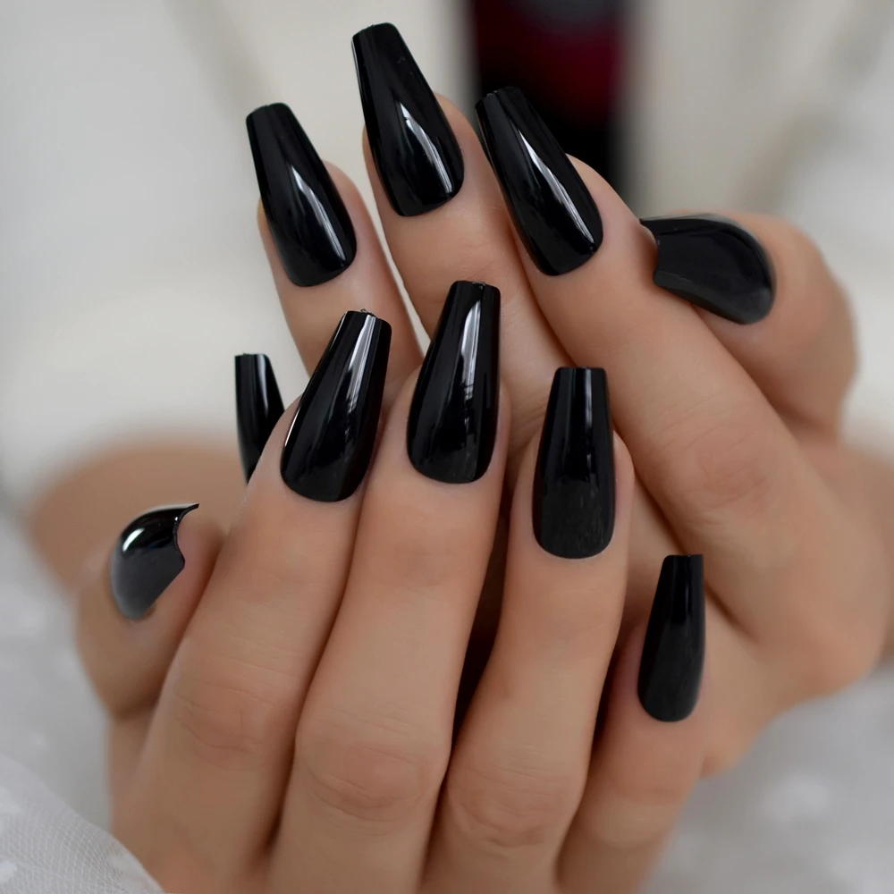 Plain Solid Black Long Ballerina Press on UV Fake Art Nail Tips Coffin Tapered Shape Salon False Finger Nails Faux Ongle