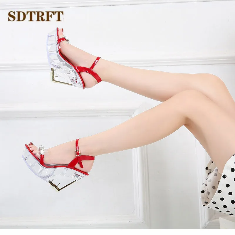 SDTFET 10cm High Heel Shoes PVC Transparent Wedges diamond Sandals For Women Sandalia Ankle Strap Open Toe Fetish Ballet Pumps