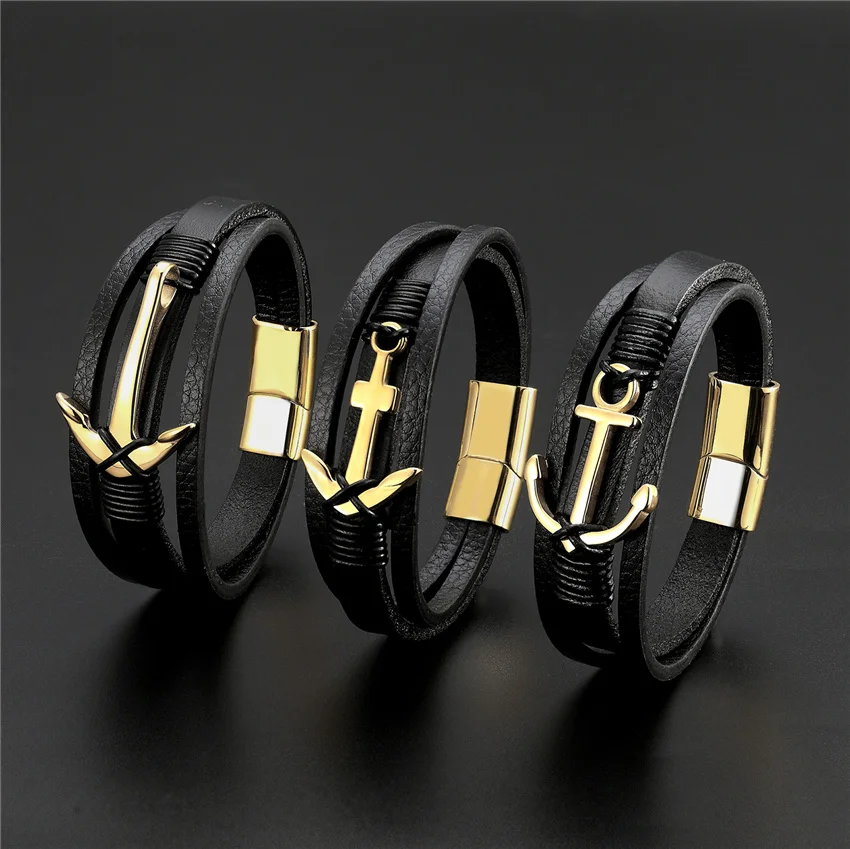 Trendy Jewelry Genuine Leather Bracelet Men Multilayer Anchor Bracelets Ladies Rope Chain Male Stainless Steel Jewelry Pulseira