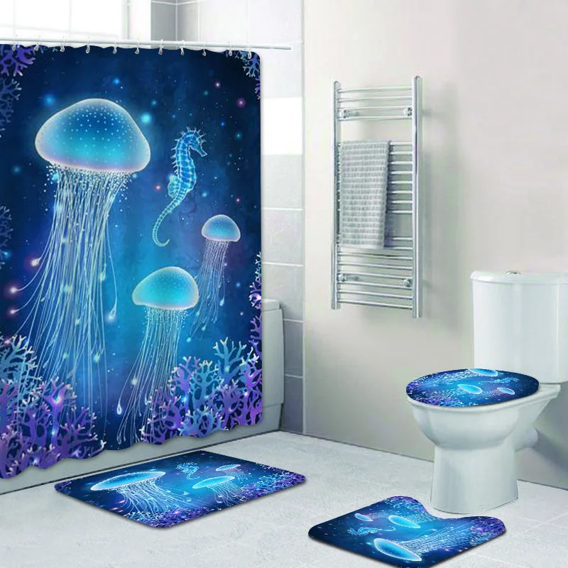 Sihirli Parlayan Denizanası Duş Perdesi ve Banyo Halıları Seti Peri Denizatı Kaplumbağa Sualtı Okyanus Dünya Perde Banyo Dekor için