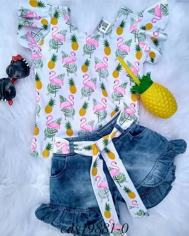 2pcs Clothes Set Toddler Baby Girls Flamingo Print Floral Watermelon Tops T-shirt Denim Jeans Shorts Pants Kids Outfits