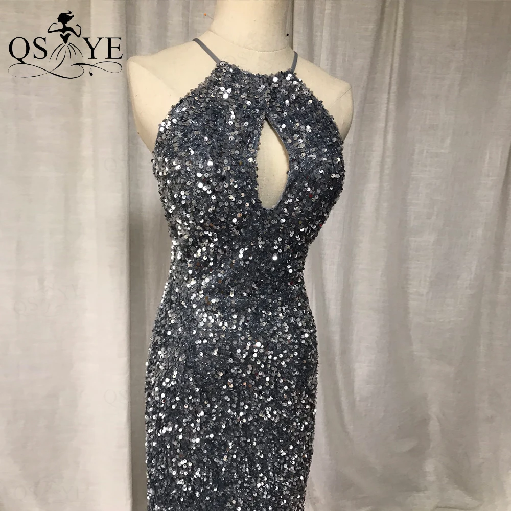 

QSYYE Sparkle Grey Evening Dress Sequin Fit Mermaid Glitter Keyhole Evening Gown Shiny Split Party Dress Halter Neck Formal Gown