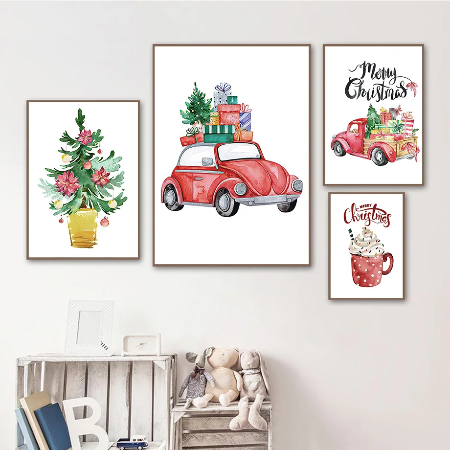 Christmas Tree Truck Car Fox Deer Rabbit Wall Art Canvas Painting Nordic Posters And Prints Pictures Kids Room Home Decoration