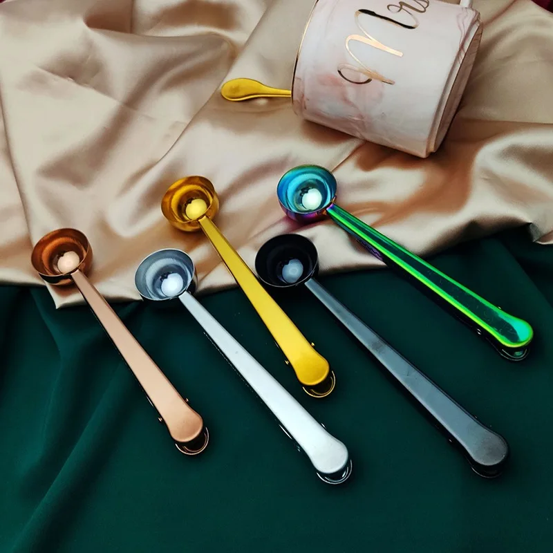 Coffee Clamp Coffee Beans Spoon Belt Spoon Seal Tablets Tea Two-purpose Stainless Steel Coffee Tunneling Color Spoon