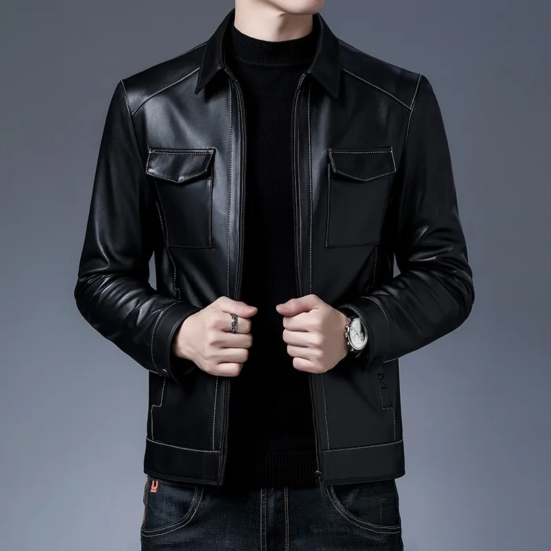 

2021 spring new brand men's clothing Korean version of the trend of men's lapel long-sleeved wool leather jacket men