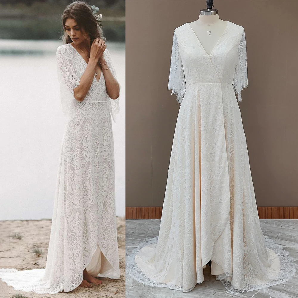 Robe de mariée en dentelle à manches chauve-souris, ligne A, col en V, dos transparent, ventes, drop sunshine, sur mesure, fente haute, robe de patients Boho, plage