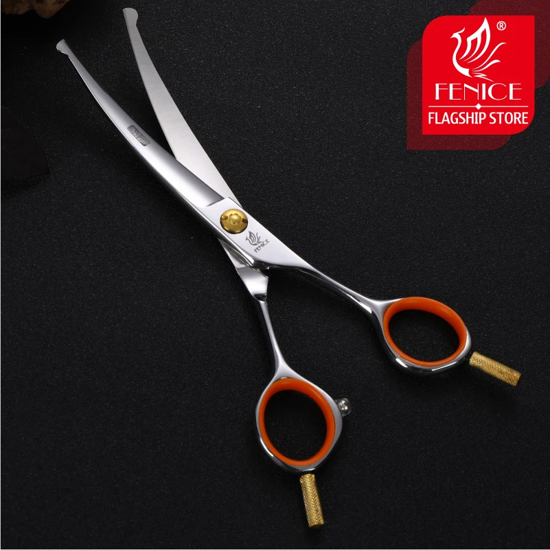 Fenice 5.0/6.0/4.75 inch Pet Grooming Cutting Curved Shears with Safety Round Tips Thinning Scissors for Cats Japan 440C