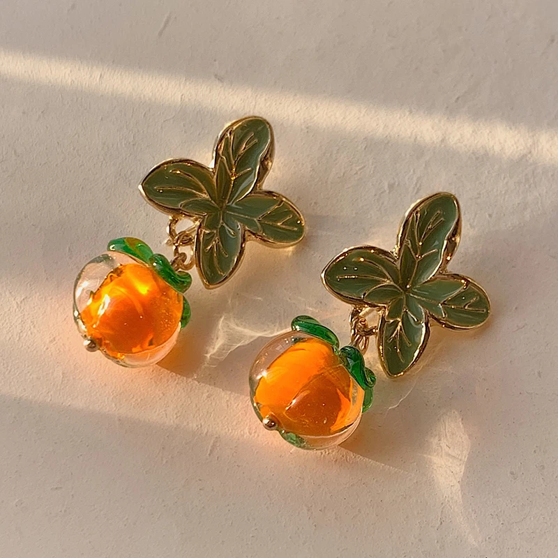 Creative Persimmon Orange Color Flower Leaf Stud Earrings For Women Painting Oil Glazed Glass Earrings Jewelry Accessories