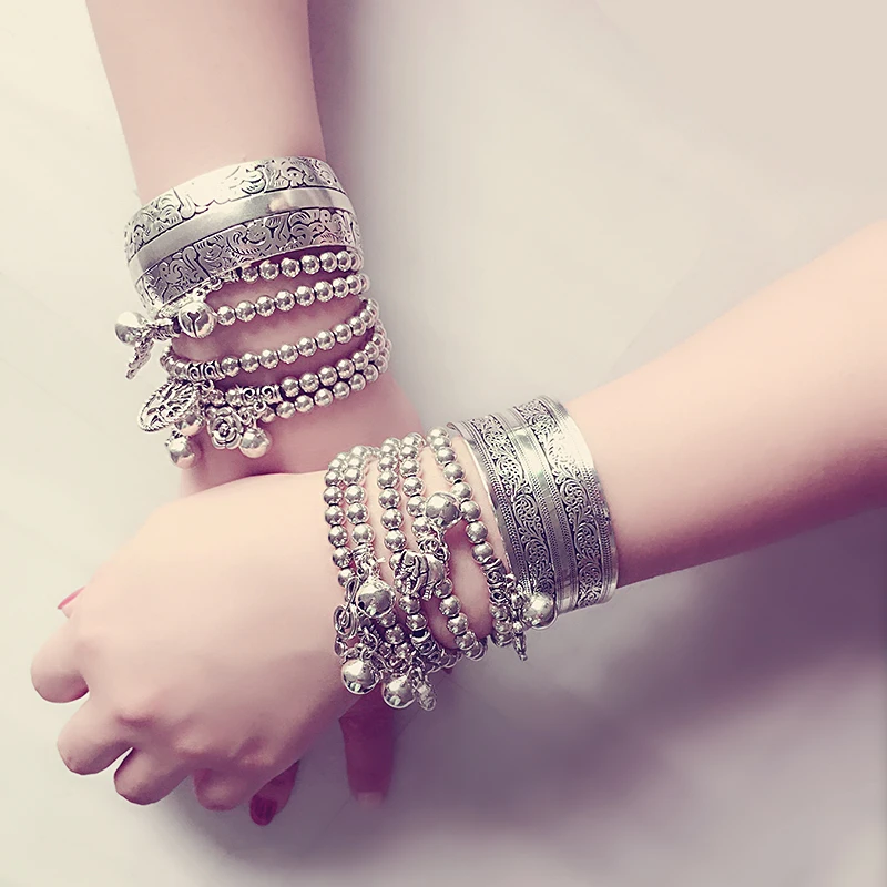 Fashion Silver Plated Beaded Bracelet Animals Charms Boho Tibetan Ethnic Style Cuff Wide Bangles Vintage Indian Women Jewelry