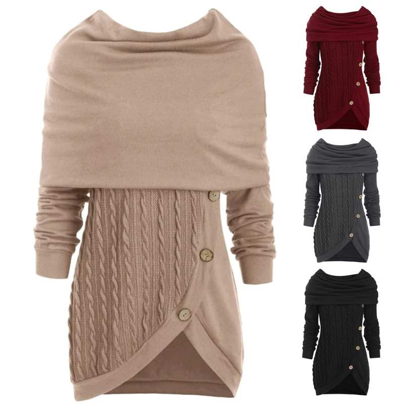 

Women Long Sleeve Hooded Cowl Neck Sweater Button Asymmetric Hem Knit Jumper Top 649C