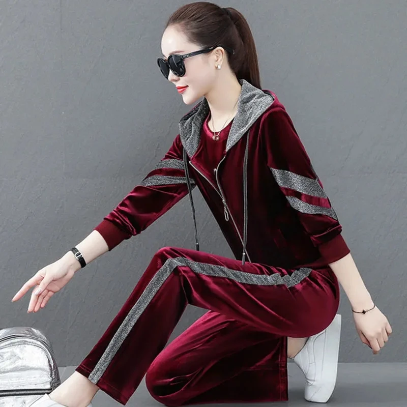 Korean Velour Three Piece Set Casual Zipper Hooded Jacket + T-shirt Tracksuit Straight Pant Suits Velvet  Women Spring Ensemble