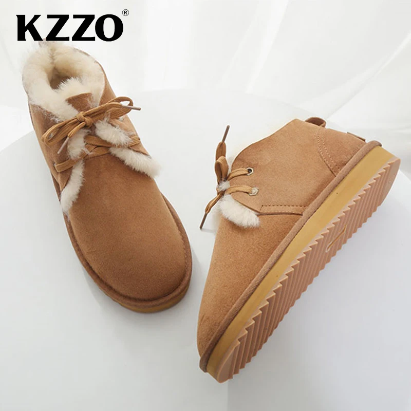 KZZO Australian Classic Sheepskin Leather Snow Boots For Women Natural Wool Fur Lined Ankle Winter Warm Shoes Casual Flat Boots