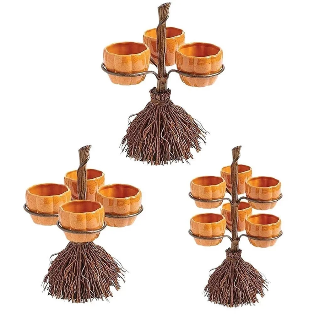 Halloween Pumpkin Snack Bowl Plate Broomstick Rack Snack Dish Dried Fruit Basket Candy Cake Stand Salad Bowl Party Display Tray