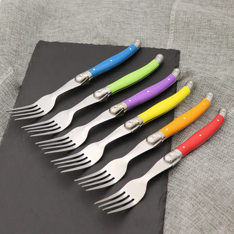 6pcs Laguiole Rainbow Steak Forks Dinner Knives set Colorful Cutlery Table Spoons Stainless Steel Dinnerware kit Household Home