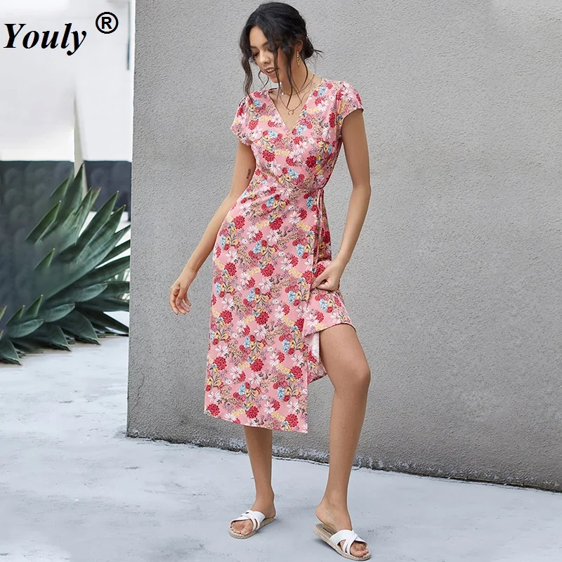 

Print Rose Floral V-neck Midi Party Dress 2021 Summer Women Sexy Elegant Lace Up Bodycon Bandage Dress Boho Beach Dress Vestidos