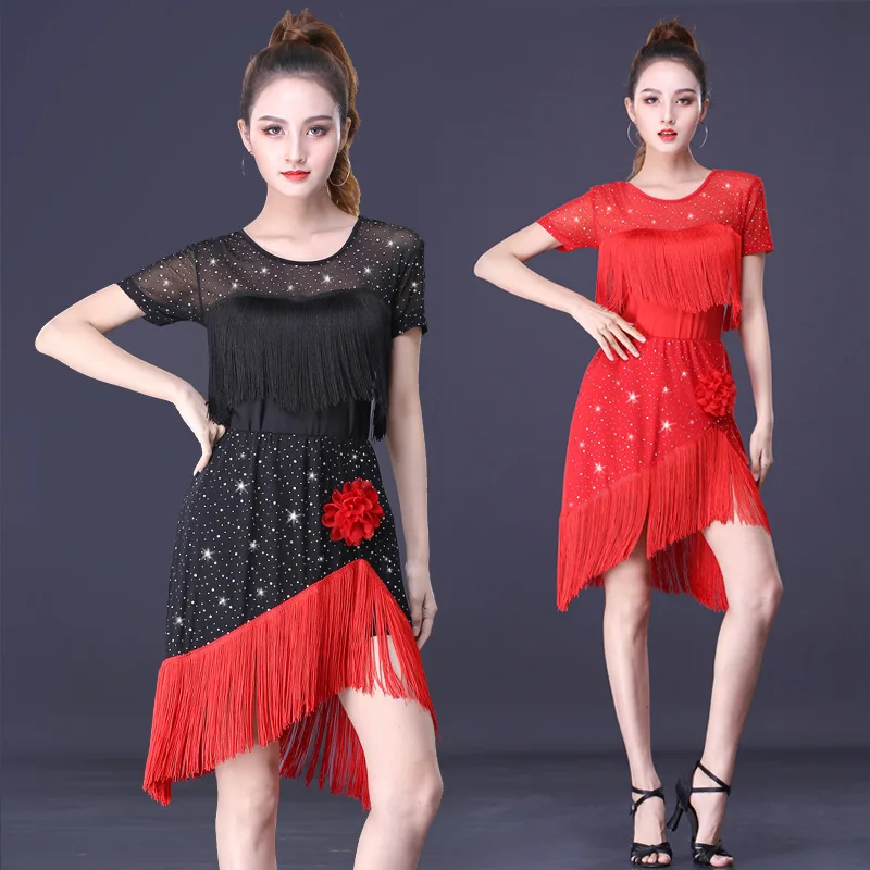 

Women Summer Competition Dance Clothes Sequins Costume Set Half Sleeves Fringe Fashion Salsa Dresses Ballroom Ladies Latin Dress