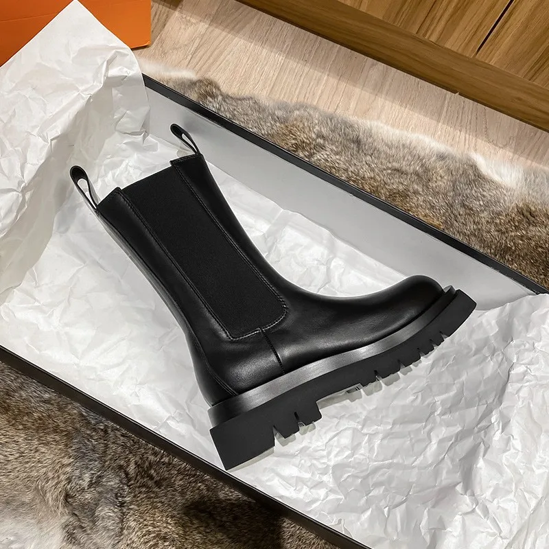 2024 Black Leather Platform Boots Women High Chunky Slip on Winter Shoes Autumn Round Toe Flat with Chelsea Boots for Women