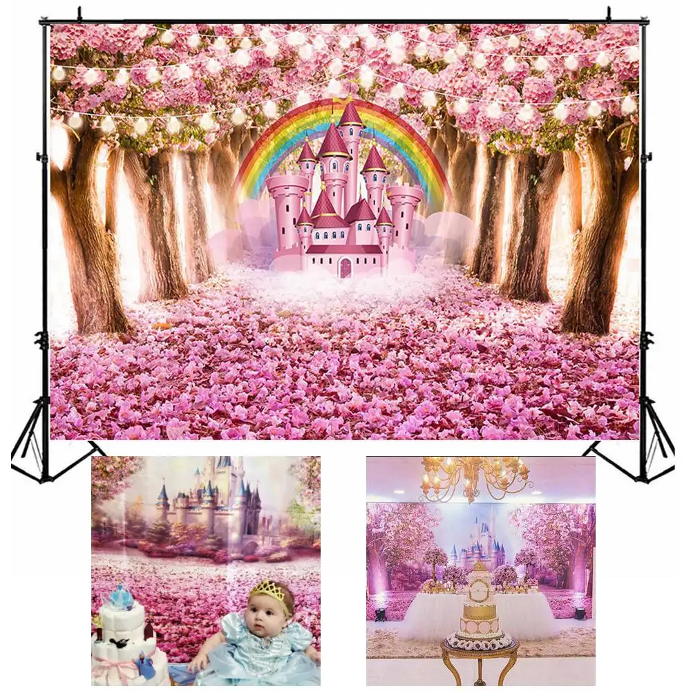 Baby Shower Backdrop Pink Castle Flower Trees Rainbow Light Photography Background Baby Portrait Photo Background Photo Studio