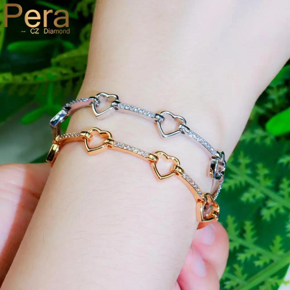 

Pera 585 Gold Color Cubic Zirconia Romantic Love Heart Link Chain Bracelets Bangle for Women Fashion Jewelry Accessories B185