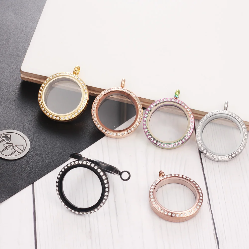 Wholesale with Crystals Magnetic Opening Floating Glass Lockets 20mm 25mm 30mm 35mm 316l Stainless Steel Round Locket Pendant