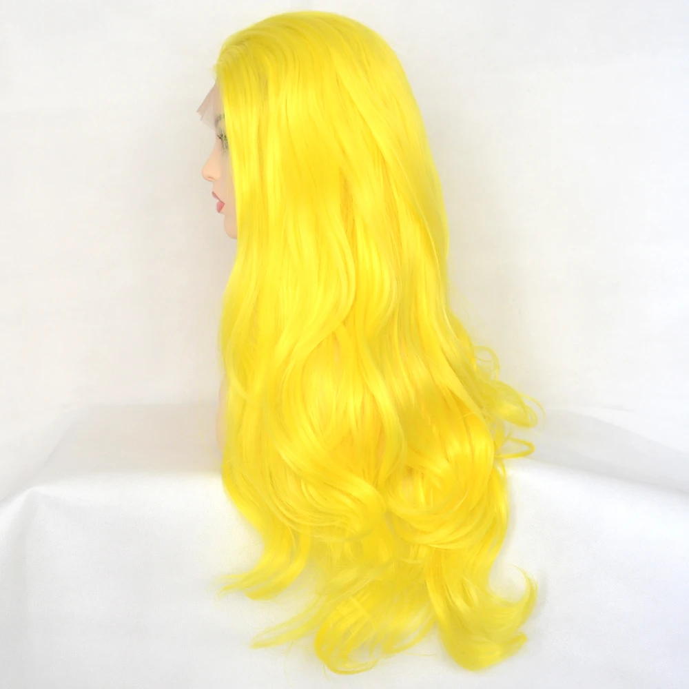 Voguequeen 13×4L Sexy Yellow Synthetic Lace Front Wig Long Natural Wave Free Parting Cosplay For Women