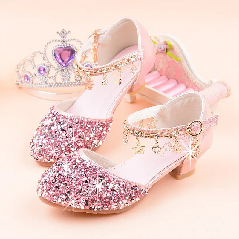 Kids Princess Girls Sandals Glitter Shiny Rhinestone Butterfly Student Party Dance Shoes 5-13 Yearss Children Summer High Heel