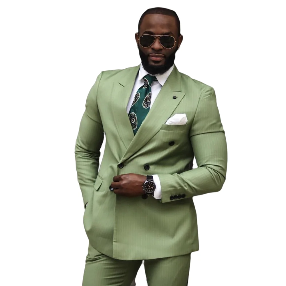 

Men Suits Green Pinstripe Slim Fit 2 Piece Double-Breasted Wedding Formal Groom Wear Classic Striped Male Set Men'S Blazer Pants