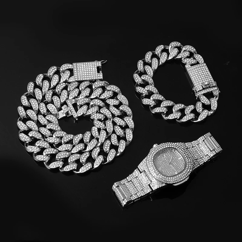 1 Set Miami Cuban Chain Necklace +Bracelet +Watch Iced Out Paved Rhinestones CZ Bling Rapper Necklaces For Men Hip Hop Jewelry