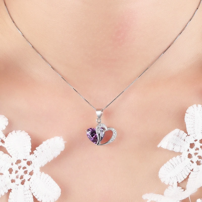 Hot Sale Fashion 925 Sterling Silver Double Heart Pendants Necklace Purple AAA Cubic Zirconia Drop Necklaces Women Jewelry Gift