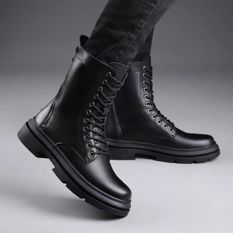 England designer men fashion platform boots black original leather shoes handsome motorcycle boot spring autumn high botas male