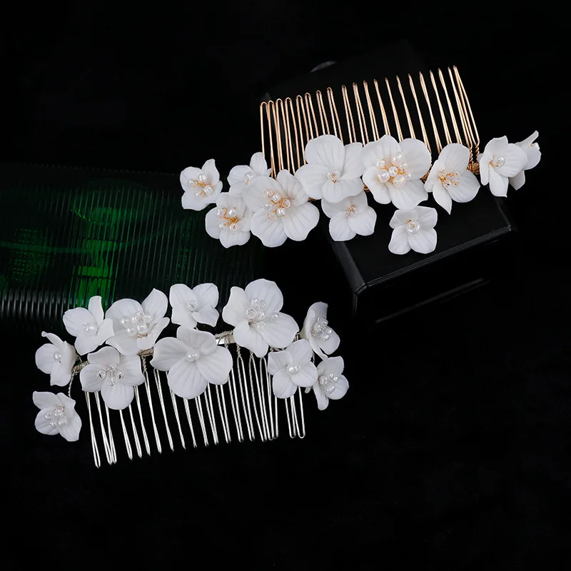 

Floralbride Handmade Porcelain Flower Pearls Bridal Hair Comb Earrings Set Wedding Headdress Hair Accessories Women Hair Jewelry