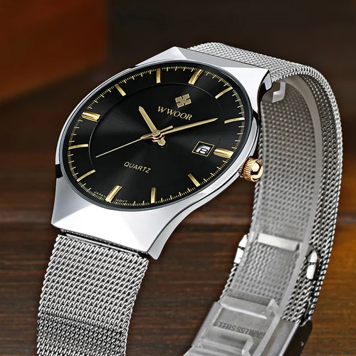 Imagen 2 del producto WWOOR-reloj de pulsera para hombre, cronógrafo de cuarzo, con malla plateada, ultrafina, informal, resistente al agua, con fecha, a la moda, 8016