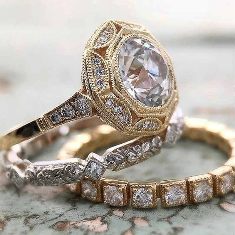 Vintage 3-in-1 ring sets Gold Filled Bijou AAAAA cz statement Party Wedding Band Rings for women Birdal Fashion Jewelry