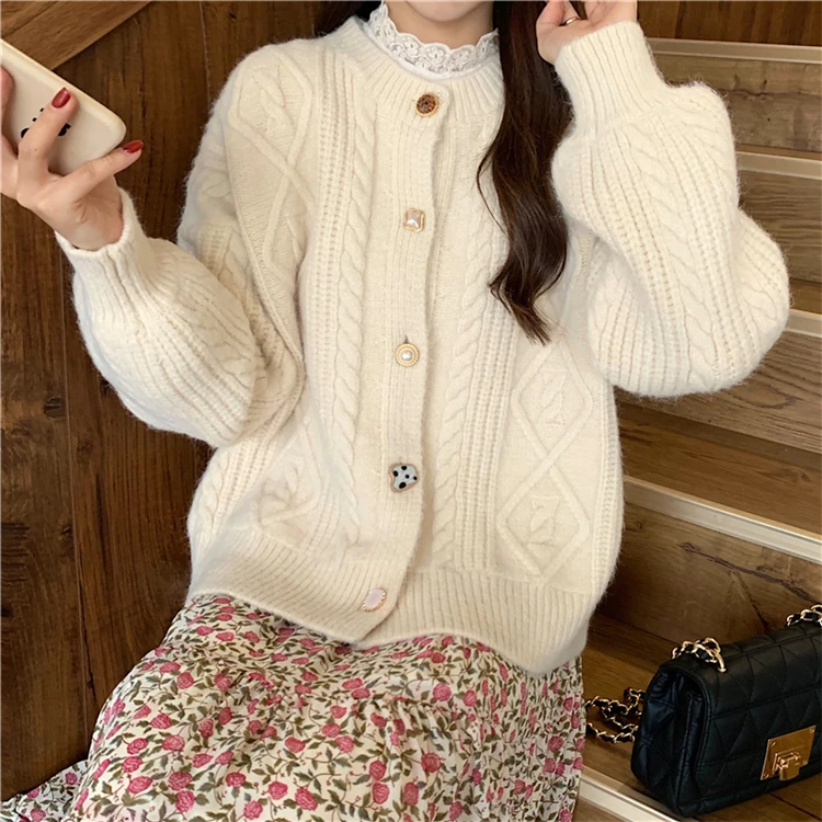 Cardigan Mujer Korean Style Loose Retro Lantern Sleeve Candy Color Twist Cardigan Sweater Coat Women Tops Thick Knitted Sweaters