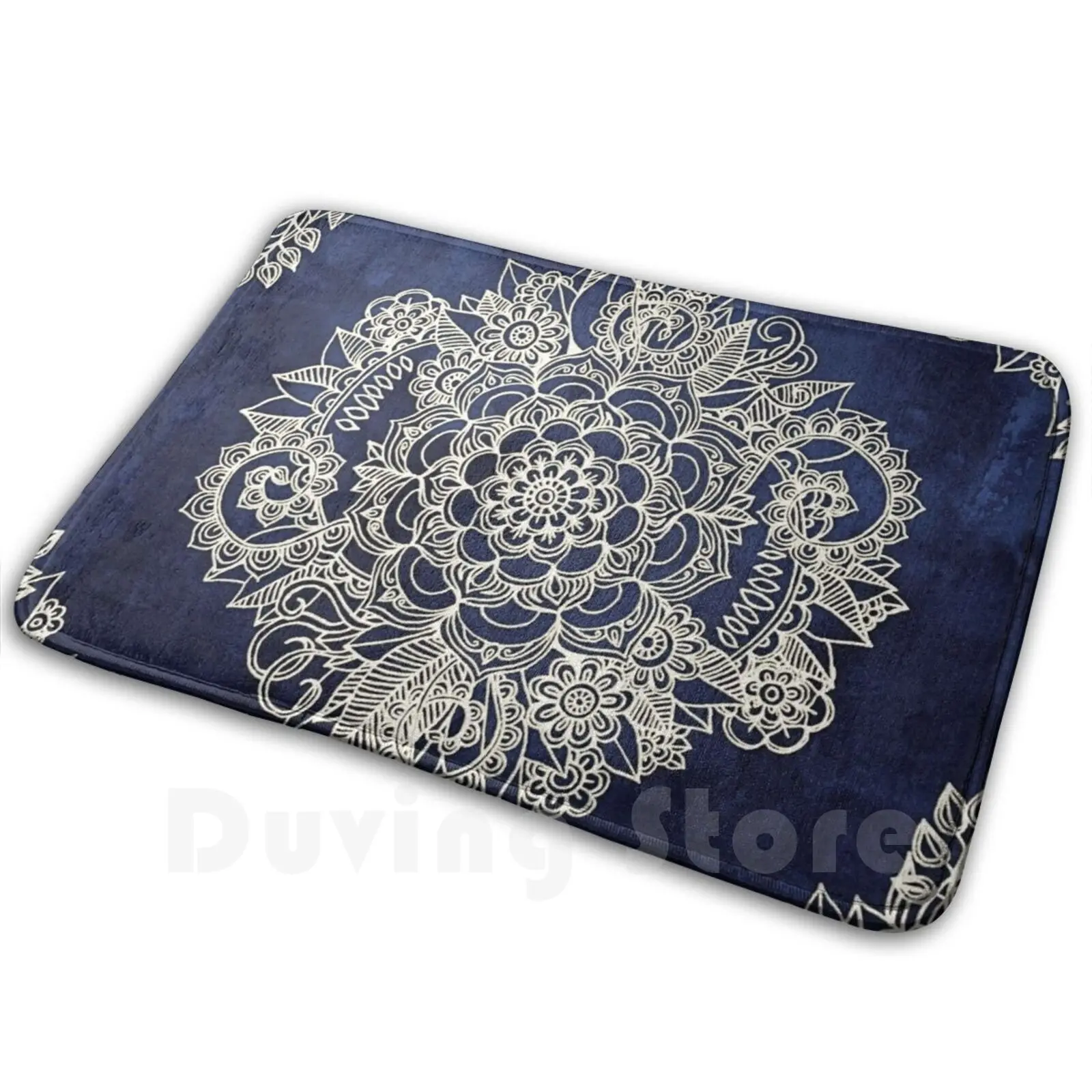 Cream Floral Moroccan Pattern On Deep Indigo Ink Soft Non-Slip Mat Rug Carpet Cushion Floral Pattern Moroccan Doodle