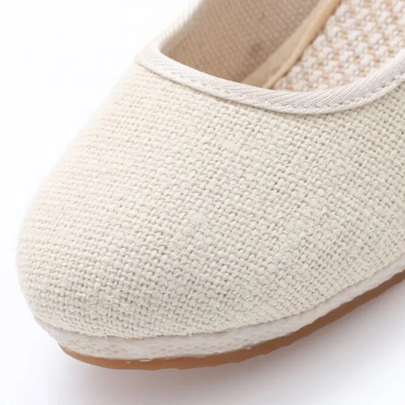 Women\'s Pure Color Vintage Hemp Wedge Pumps Round Toe Casual Lady Mid Heel Walking Shoes Slip-on Closed Toe Espadrilles