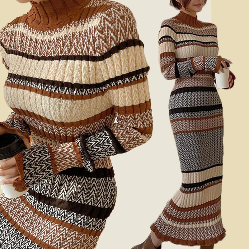 2023 New Elegant Striped Women Knitted Sweater Dresses Autumn Winter Stand Collar Color Matching Sheath Bottoming Long Vestidos