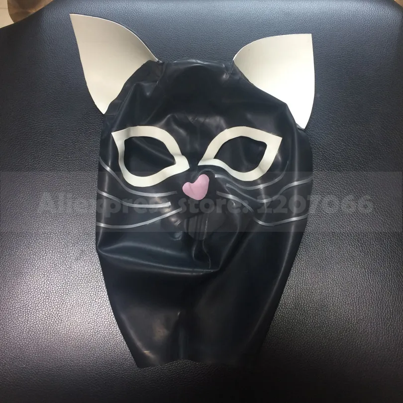 Cute Latex Cat Women Mask Rubber Black With White Ears Hood Back Zip Custom Made Handmade Headpiece  RLM258