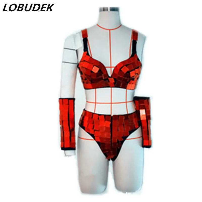 Sexy Red/Silver/Gold Mirror Bikini Female Singer Performance Set Dance Team Nightclub Dance Costume Bar DJ DS Stage Outfit