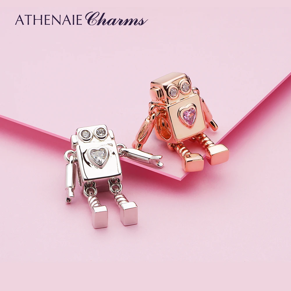 ATHENAIE Silver Sparkling CZ Cute Alien Robot Heart Charms Beads for Bracelet Bangle Rose Gold