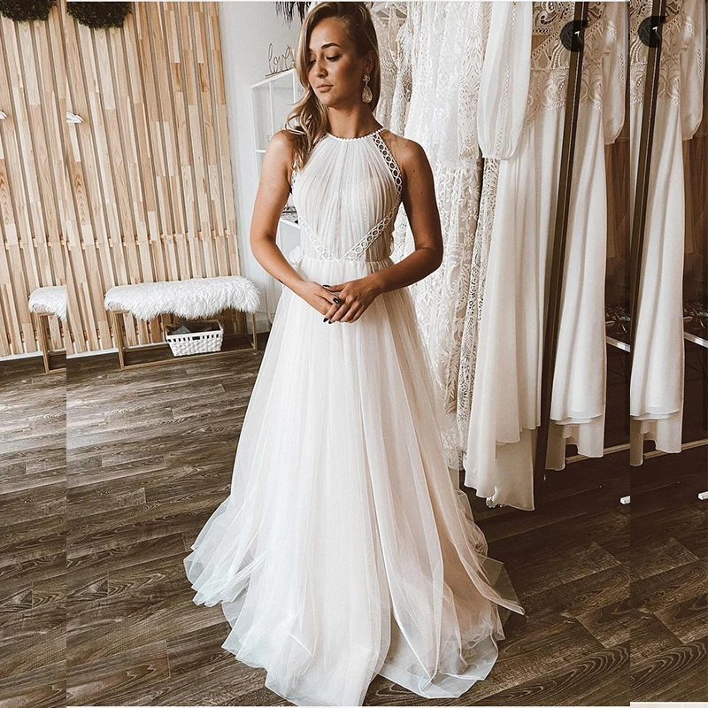 Robe de Mariée Trapèze en Fibtulle pour Femme, Tenue de Style Boho, avec des Appliques en Dentelle Plissée Blanche, pour les Patients, Quelle que soit la Cour