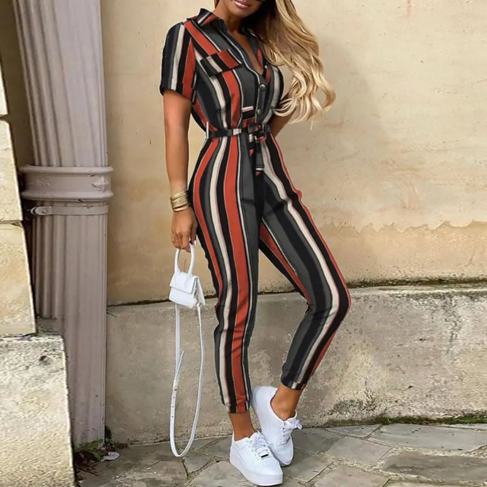 Stripes Print One Piece Fashion Women Jumpsuit Button Belt V Neck Summer Casual  Work Overalls Ladies Short Sleeve Long Jumpsuit