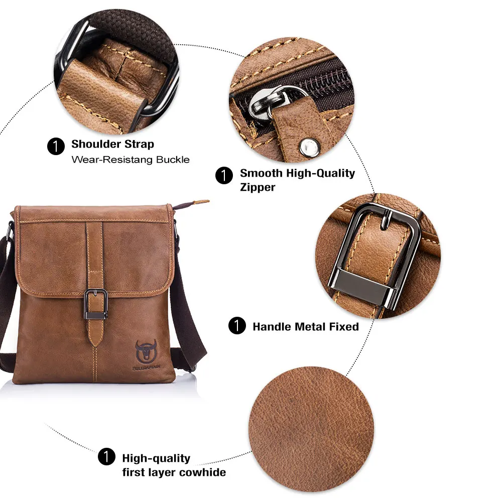 BULLCAPTAIN-Bolso de hombro de cuero para hombre, bolsa plana pequeña, informal, para deportes al aire libre, capa de cabeza suave, tendencia de
