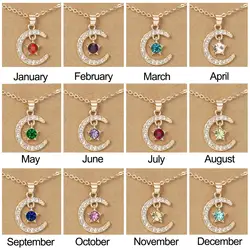 Fashion Personality Birthstone Moon Star Crystal Pendant Necklace for Women Clavicle Chain Choker Birthday Party Jewelry Gift