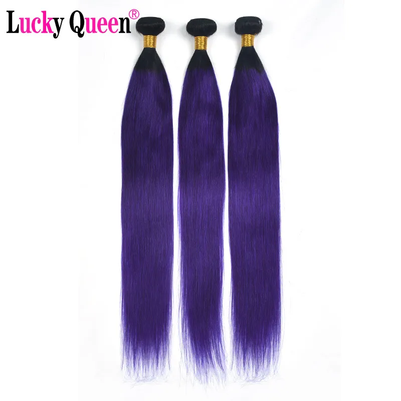 Ombre Purple Colored Bundles Lucky Queen Brazilian Straight 100% Human Hair Extensions Remy Hair Weave Bundles Medium Ratio