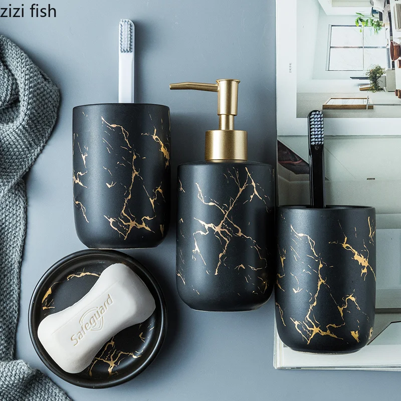 Nordic Matte Gold Ceramics Bathroom Accessories Set Soap Dispenser/Toothbrush Holder/Tumbler/Soap Dish luxurious Washing Set