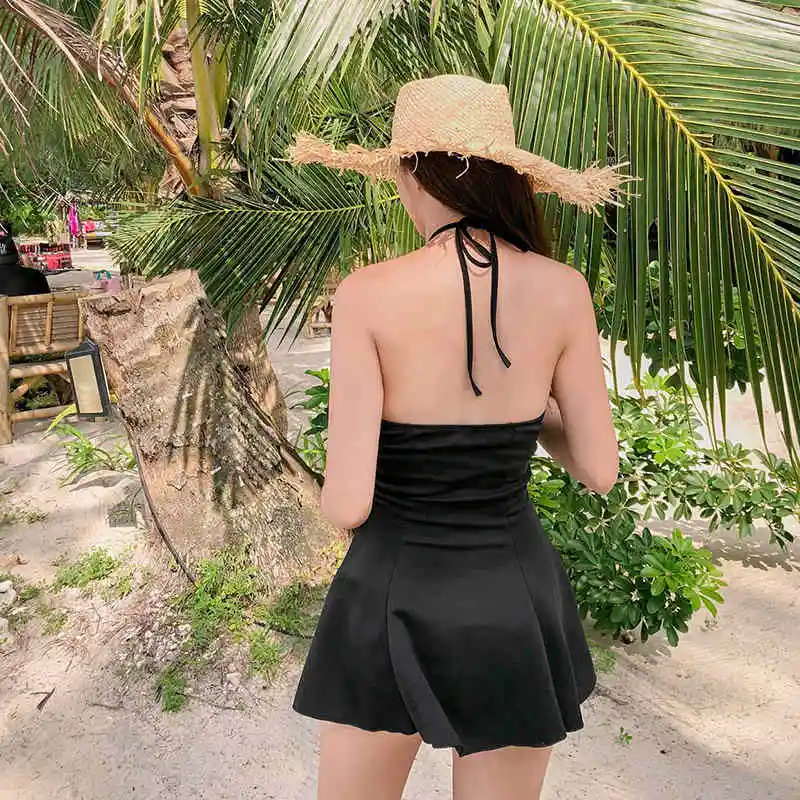 New Korean Version Of The Black Sling Low-Cut Pleated Skirt Bikini Open Back High-Waist Stretch Tight-Fitting Hot Spring Swims