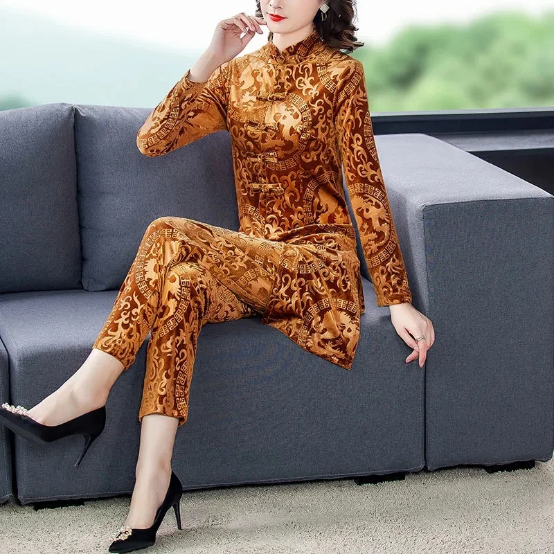 Women Gold Velvet Suit 2023 Spring Fashion Pullover Tops And Full Pants Two Piece Set 5XL Female Velvet Pants Set C